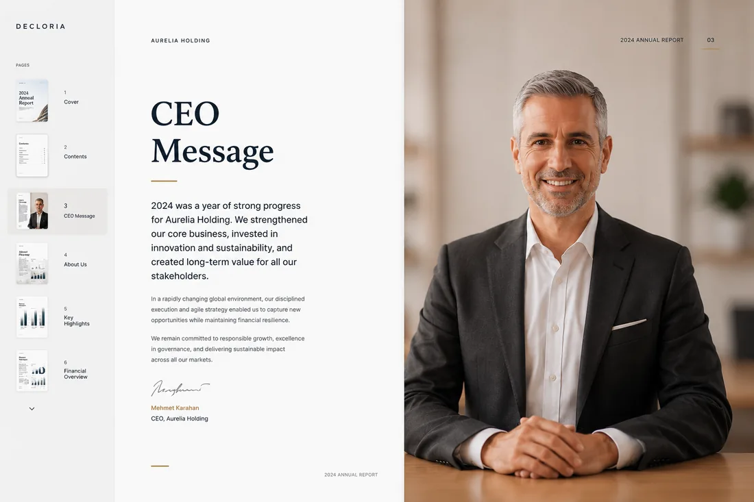 Report page showing a CEO message with a portrait, being edited in Decloria